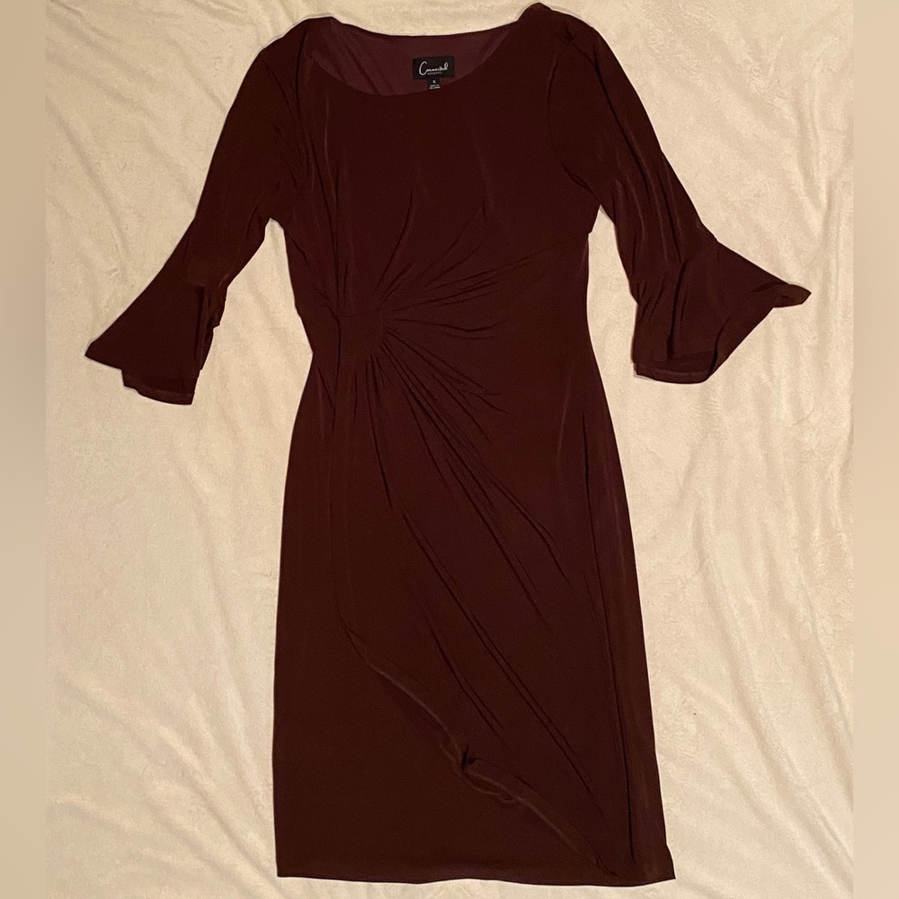 Connected Apparel Faux Wrap Bell Sleeve Cocktail Dress